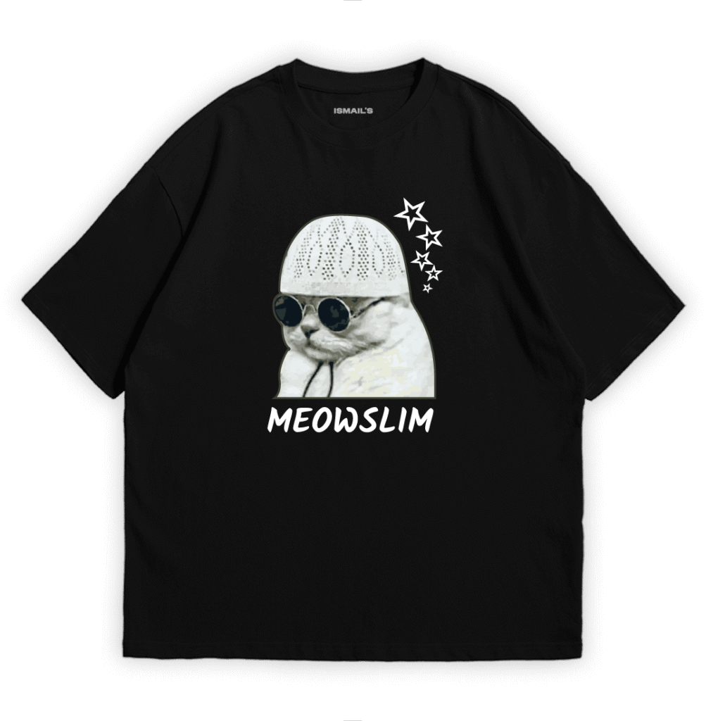 Meowslim, Funny Halal Graphic T-shirt by Ismail’s | Black Color