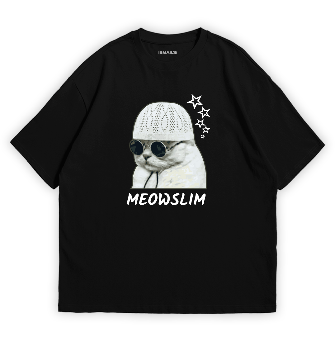Meowslim, Funny Halal Graphic T-shirt by Ismail’s | Black Color